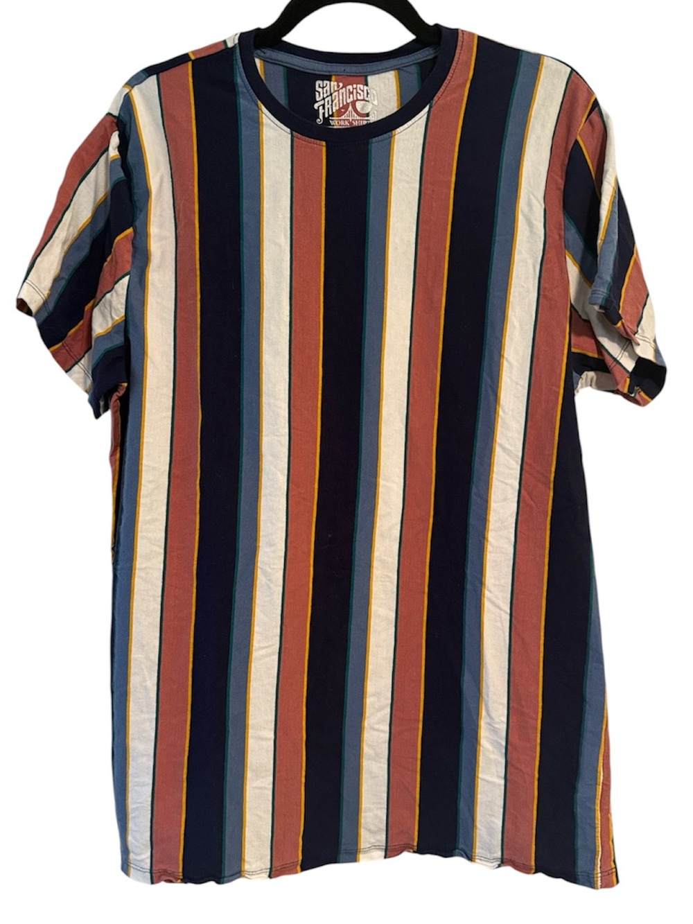 🖤 San Francisco Work Shirts Vertical Striped Short Sleeve Tee 100% Cotton